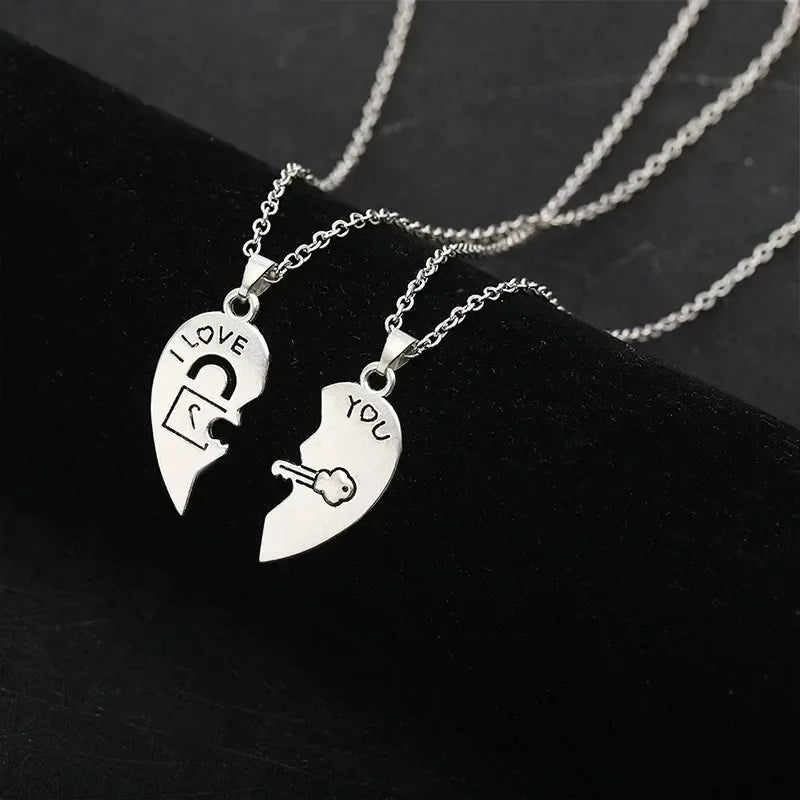 Couple Heart Lock & Key Puzzle Necklace Set – “I Love You” Matching Pendant Gift