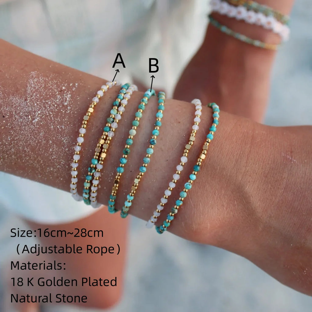 Natural Moonstone & Turquoise Beaded Bracelet – Adjustable Boho Bracelet for Women