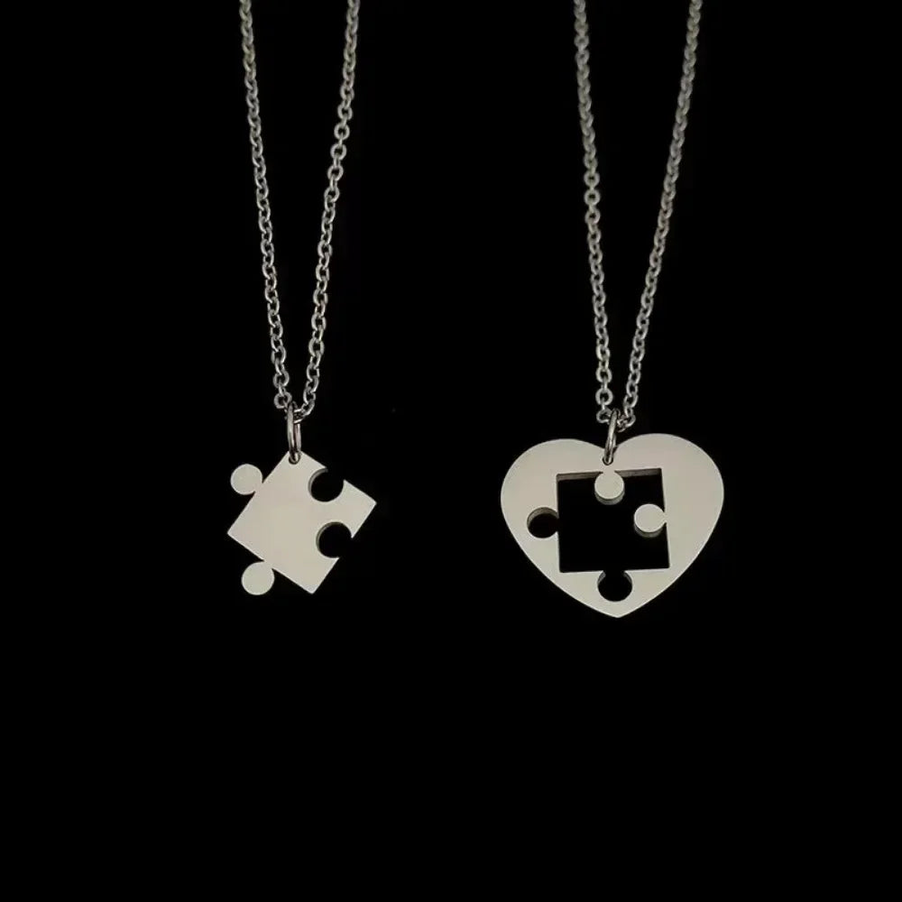 Couple Heart Lock & Key Puzzle Necklace Set – “I Love You” Matching Pendant Gift