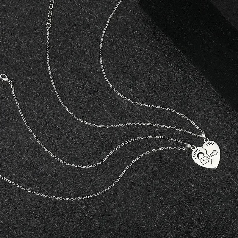 Couple Heart Lock & Key Puzzle Necklace Set – “I Love You” Matching Pendant Gift