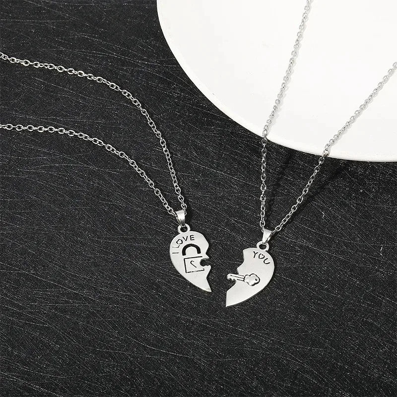 Couple Heart Lock & Key Puzzle Necklace Set – “I Love You” Matching Pendant Gift
