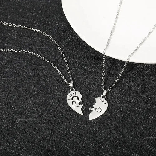 Couple Heart Lock & Key Puzzle Necklace Set – “I Love You” Matching Pendant Gift