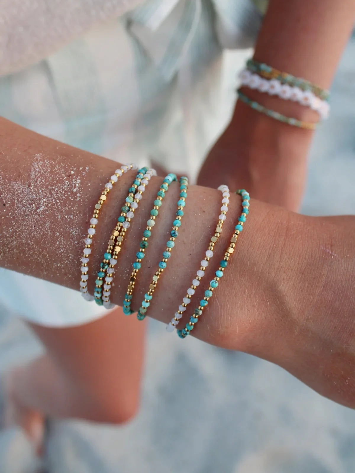 Natural Moonstone & Turquoise Beaded Bracelet – Adjustable Boho Bracelet for Women