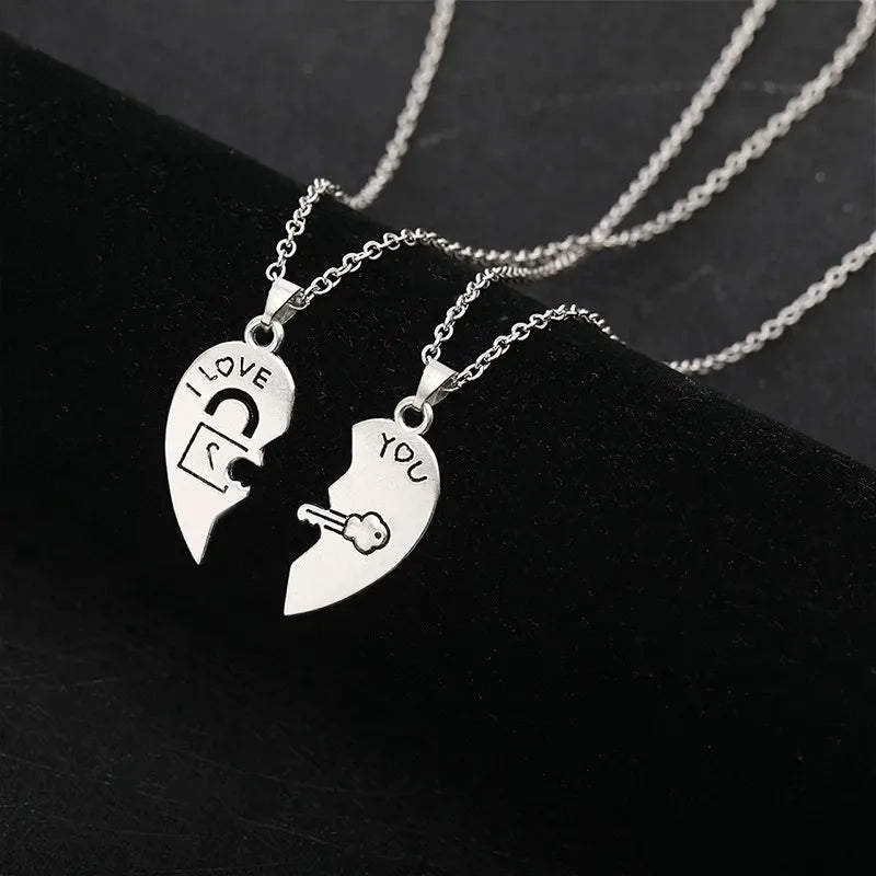 Couple Heart Lock & Key Puzzle Necklace Set – “I Love You” Matching Pendant Gift