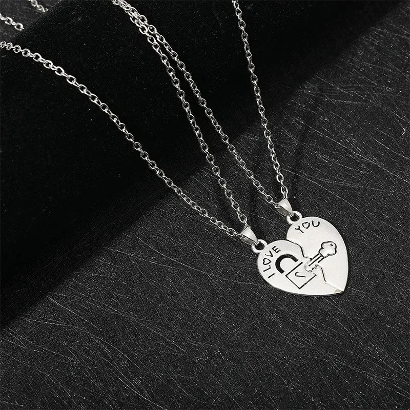 Couple Heart Lock & Key Puzzle Necklace Set – “I Love You” Matching Pendant Gift