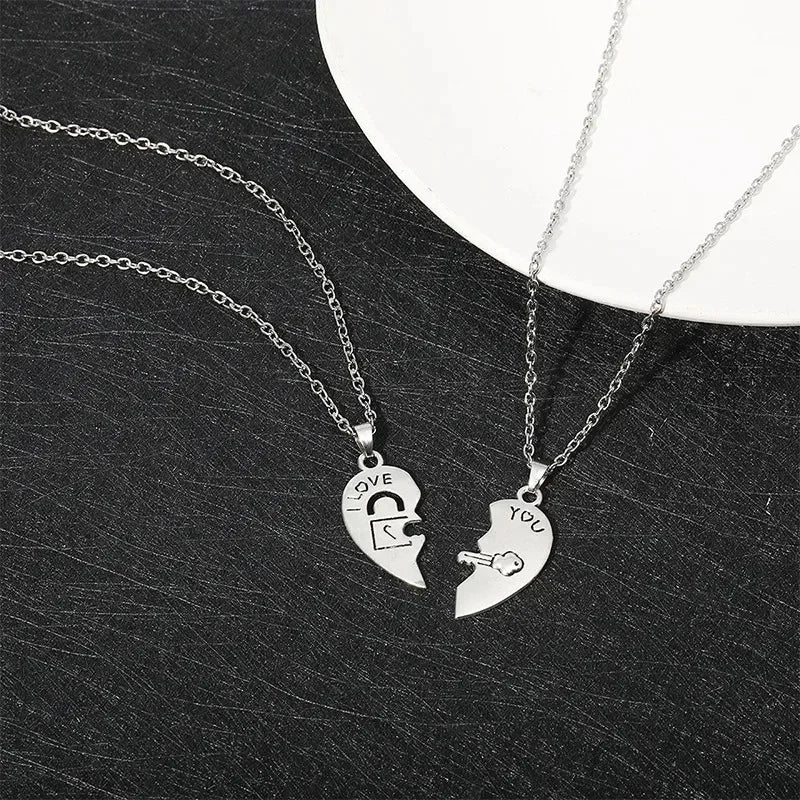 Couple Heart Lock & Key Puzzle Necklace Set – “I Love You” Matching Pendant Gift