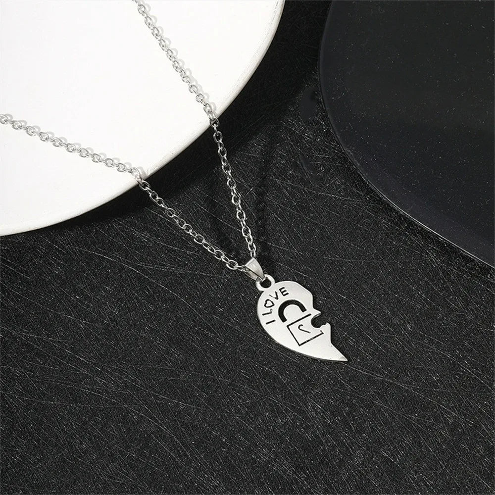 Couple Heart Lock & Key Puzzle Necklace Set – “I Love You” Matching Pendant Gift