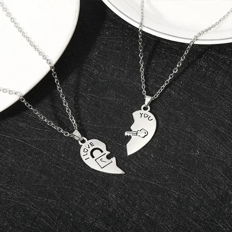 Couple Heart Lock & Key Puzzle Necklace Set – “I Love You” Matching Pendant Gift