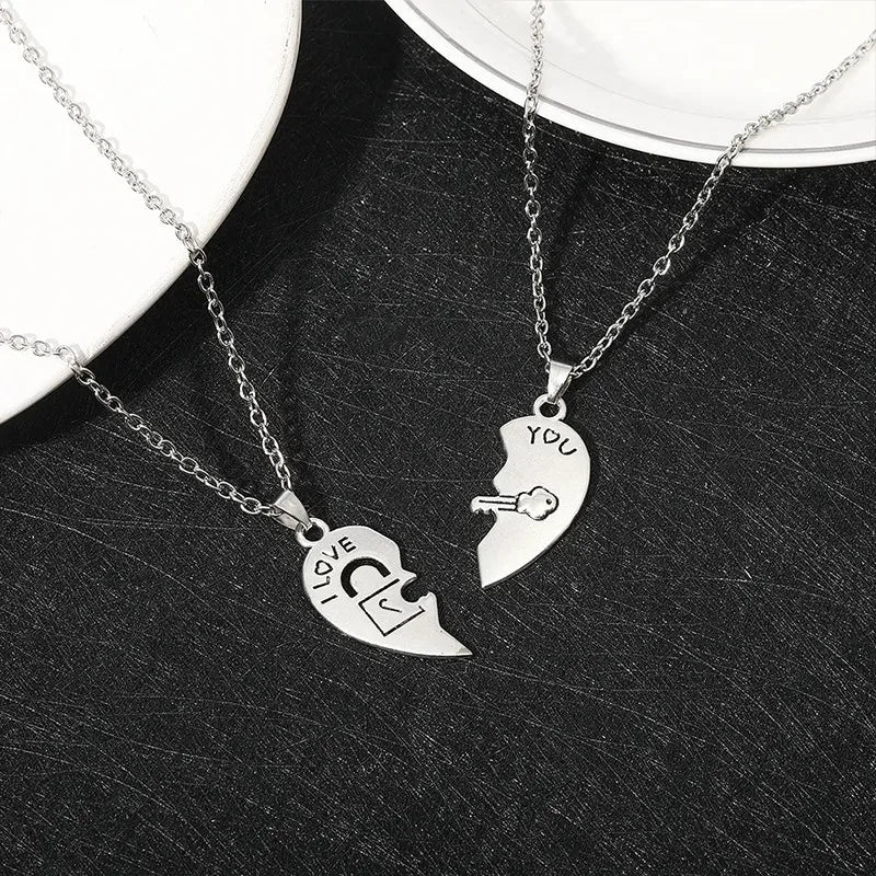 Couple Heart Lock & Key Puzzle Necklace Set – “I Love You” Matching Pendant Gift